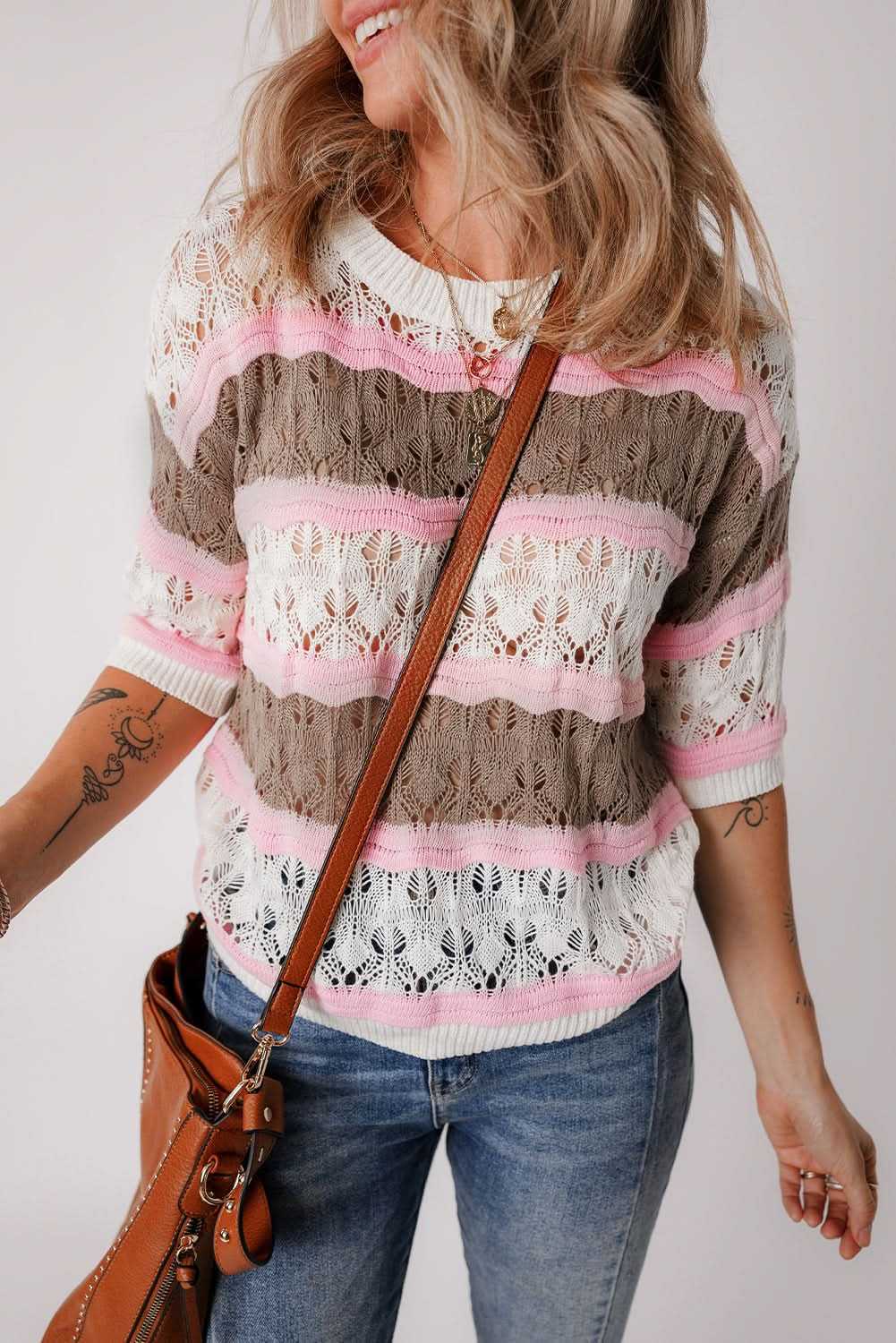 Elegant brown striped crochet sweater - Love Salve